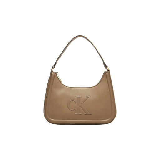 Beige polyurethane handbag by Calvin Klein with zip closure and prominent ck logo embossed on the front