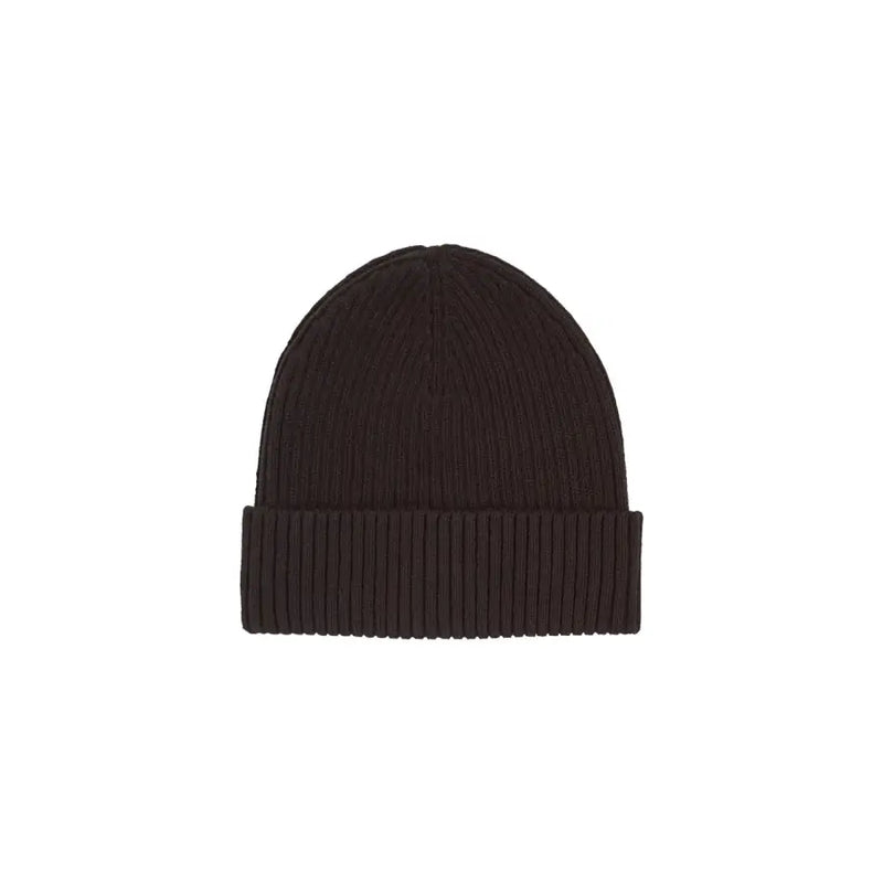 Brown ribbed beanie hat with fold-over cuff and soft texture.