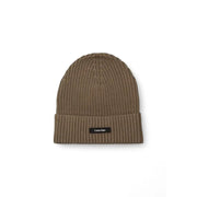 Olive green ribbed beanie with calvin klein logo patch.