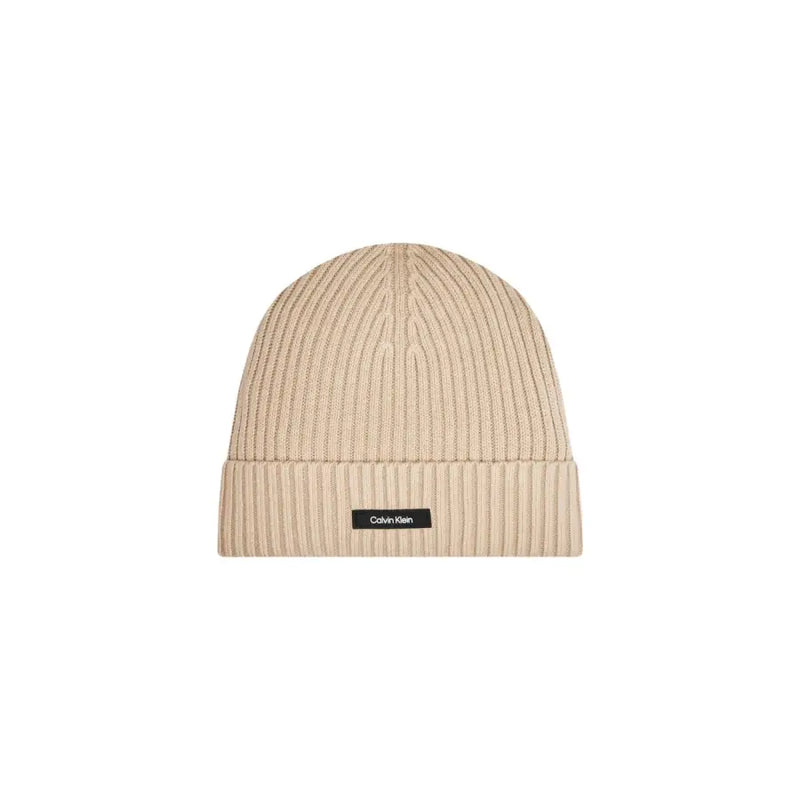 Beige ribbed beanie with calvin klein logo patch