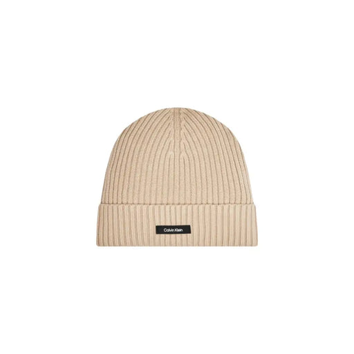 Beige ribbed beanie with calvin klein logo patch
