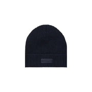 Black ribbed knit beanie with columbia logo patch