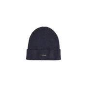 Navy blue ribbed beanie with calvin klein logo.