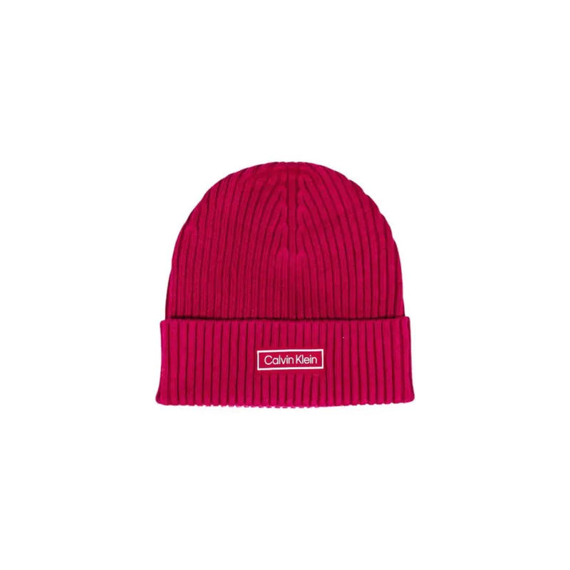 Pink calvin klein beanie with white logo.