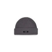 Gray calvin klein ribbed beanie with logo label.