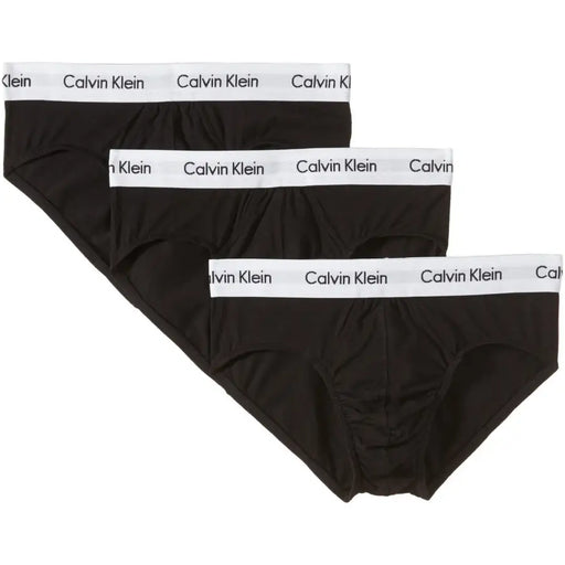 Three pairs of black men’s briefs with white waistbands from Calvin Klein Black Cotton Elastane Underwear collection