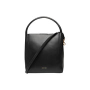 Calvin Klein black handbag with shoulder strap featuring a sleek structured design and smooth leather finish