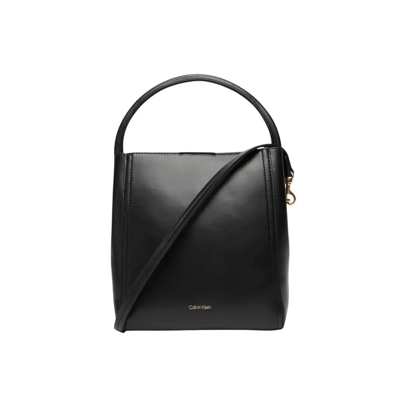 Calvin Klein black handbag with shoulder strap featuring a sleek structured design and smooth leather finish