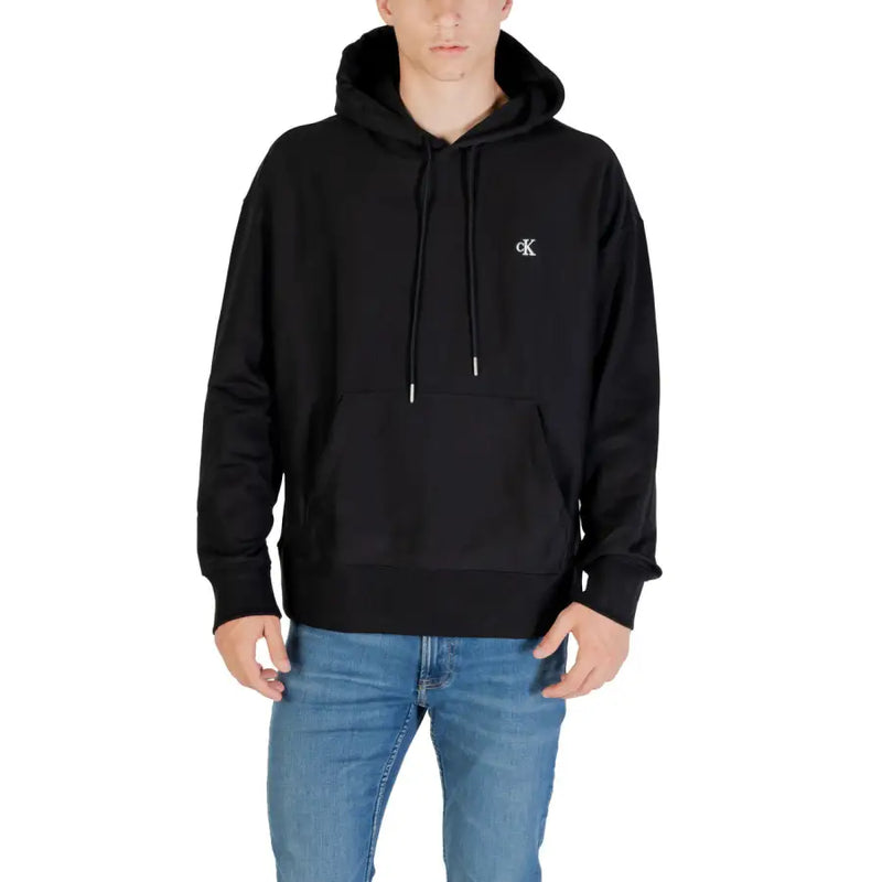 Calvin klein black hoodie and sweatshirt with small white embroidered logo and matching drawstrings on the chest