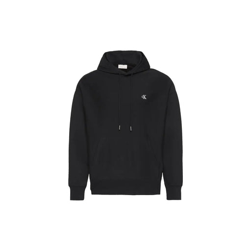Calvin Klein black hoodie featuring a subtle white logo on the chest and matching drawstrings in cotton fabric