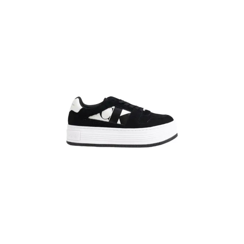 Calvin Klein black suede platform sneakers with white logo and sole