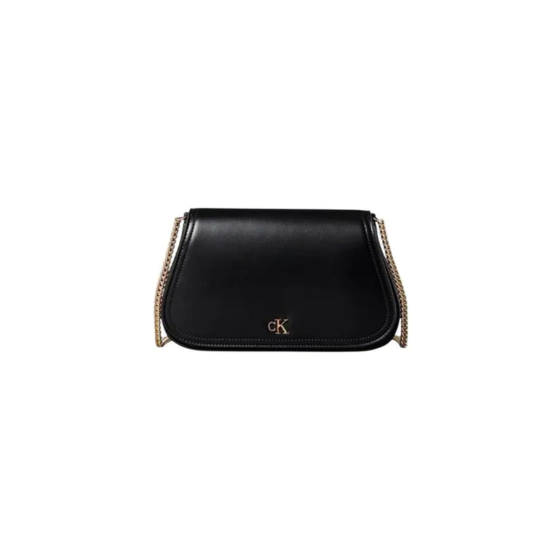 Calvin Klein black polyester shoulder bag with black leather crossbody design, gold-tone chain strap, and CK logo emblem