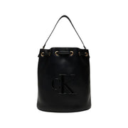 Calvin Klein black leather bucket bag with gold-tone hardware and prominent CK logo featuring an inside pocket