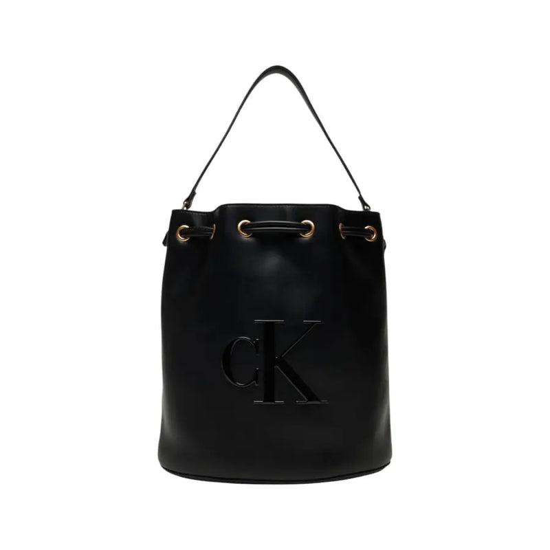 Calvin Klein black leather bucket bag with gold-tone hardware and prominent CK logo featuring an inside pocket