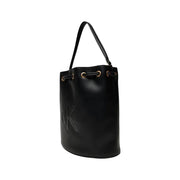 Calvin Klein black polyurethane bucket bag with gold-tone hardware and drawstring closure featuring inside pocket