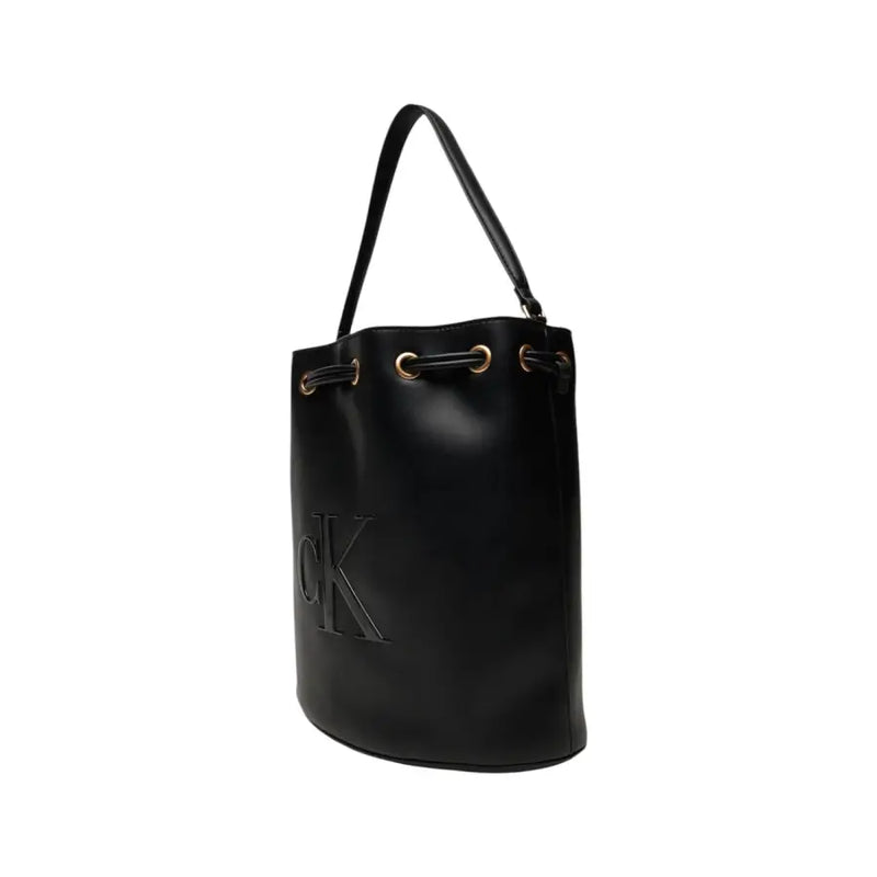Calvin Klein black polyurethane bucket bag with gold-tone hardware and drawstring closure featuring inside pocket