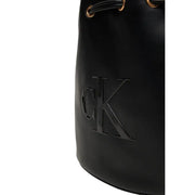 Calvin Klein black leather bucket bag with gold-tone hardware and embossed logo featuring inside pocket