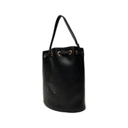 Calvin Klein black polyurethane bucket bag with gold-tone hardware and drawstring closure featuring inside pocket