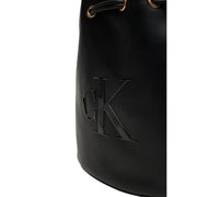 Calvin Klein black leather bucket bag with gold-tone hardware and embossed logo featuring inside pocket