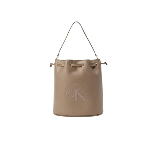 Calvin Klein beige leather bucket bag with drawstring top, gold hardware