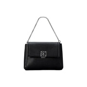 Calvin Klein black textured leather handbag with silver chain shoulder strap and metallic logo clasp