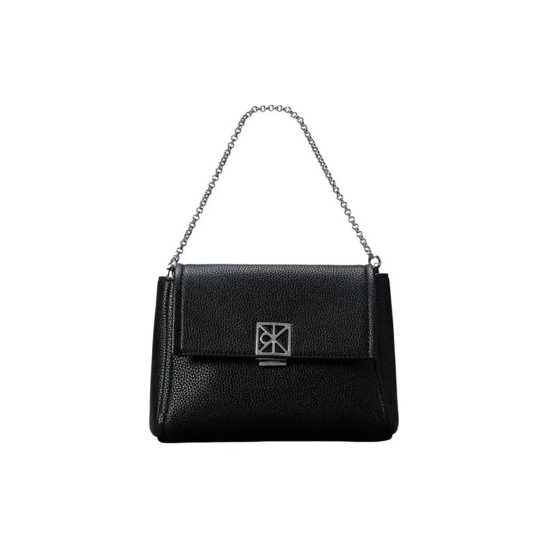 Calvin Klein black textured leather handbag with silver chain shoulder strap and metallic logo clasp