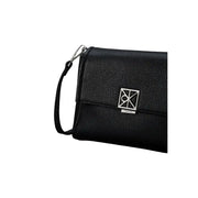 Calvin Klein black textured leather crossbody bag with silver-tone logo clasp and adjustable shoulder strap