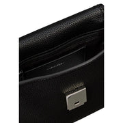 Calvin Klein black textured leather crossbody bag with silver-toned rectangular clasp and shoulder strap