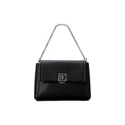 Calvin Klein black textured leather handbag with silver chain shoulder strap and metallic logo clasp