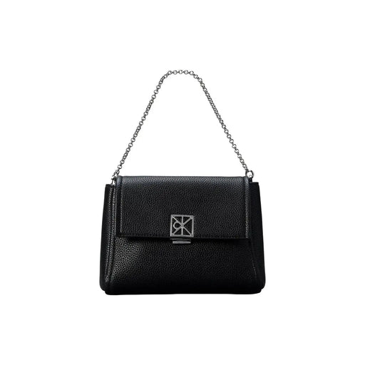 Calvin Klein black textured leather handbag with silver chain shoulder strap and metallic logo clasp