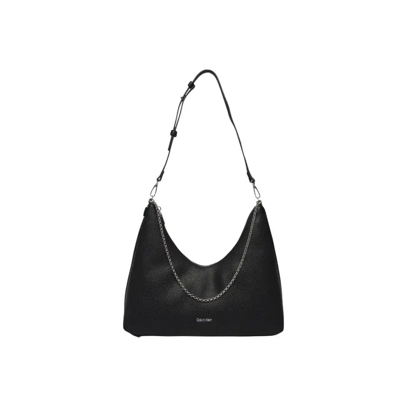 Calvin Klein Sac hobo en cuir noir texturé avec bandoulière chaîne argentée