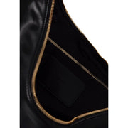 Calvin Klein black polyurethane crossbody bag with gold-tone zipper detailing and multiple interior pockets