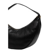 Calvin Klein black polyurethane hobo bag with sleek curved design and gold-tone zipper hardware and interior pockets