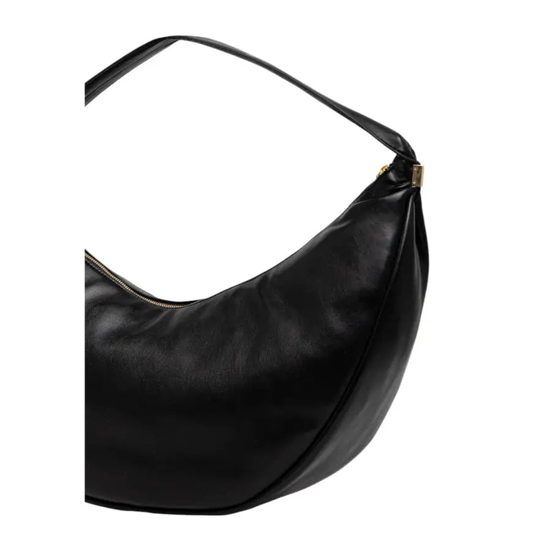 Calvin Klein black polyurethane hobo bag with sleek curved design and gold-tone zipper hardware and interior pockets
