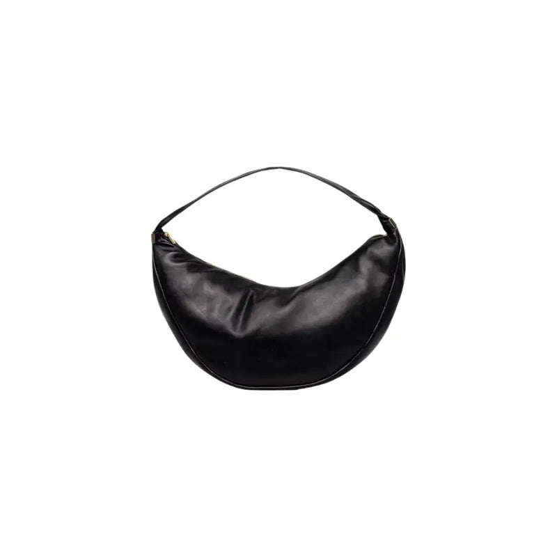 Calvin Klein black polyurethane crescent-shaped shoulder bag with zip closure and interior pockets in minimalist design