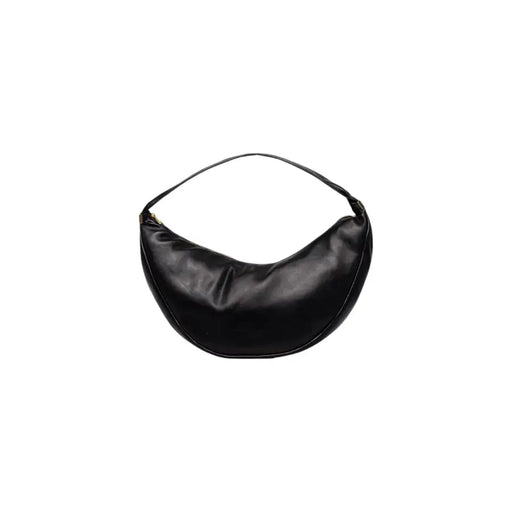Calvin Klein black polyurethane crescent-shaped shoulder bag with zip closure and interior pockets in minimalist design