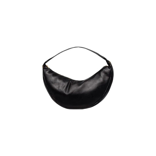 Calvin Klein black polyurethane crescent-shaped shoulder bag with zip closure and interior pockets in minimalist design