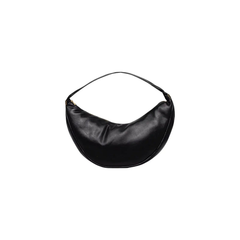 Calvin Klein black polyurethane crescent-shaped shoulder bag with zip closure and interior pockets in minimalist design