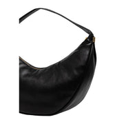 Calvin Klein black polyurethane hobo bag with sleek curved design and gold-tone zipper hardware and interior pockets