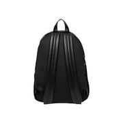 Calvin Klein black rucksack with smooth leather straps mesh back panel and zip pockets shown from the back side