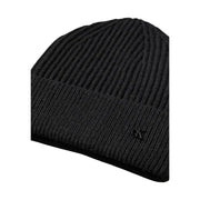 Black ribbed knit beanie with logo detail on the brim.