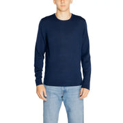 Navy blue long-sleeved wool sweater by calvin klein featuring a round neck design for men