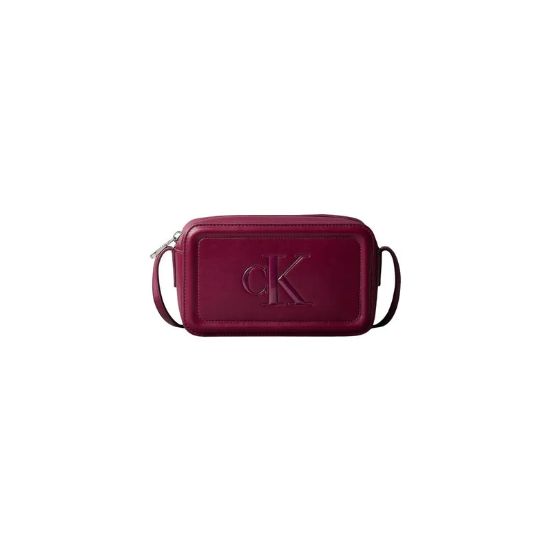 Calvin Klein Bordeaux polyurethane zip bag in burgundy leather with embossed CK logo and interior pockets