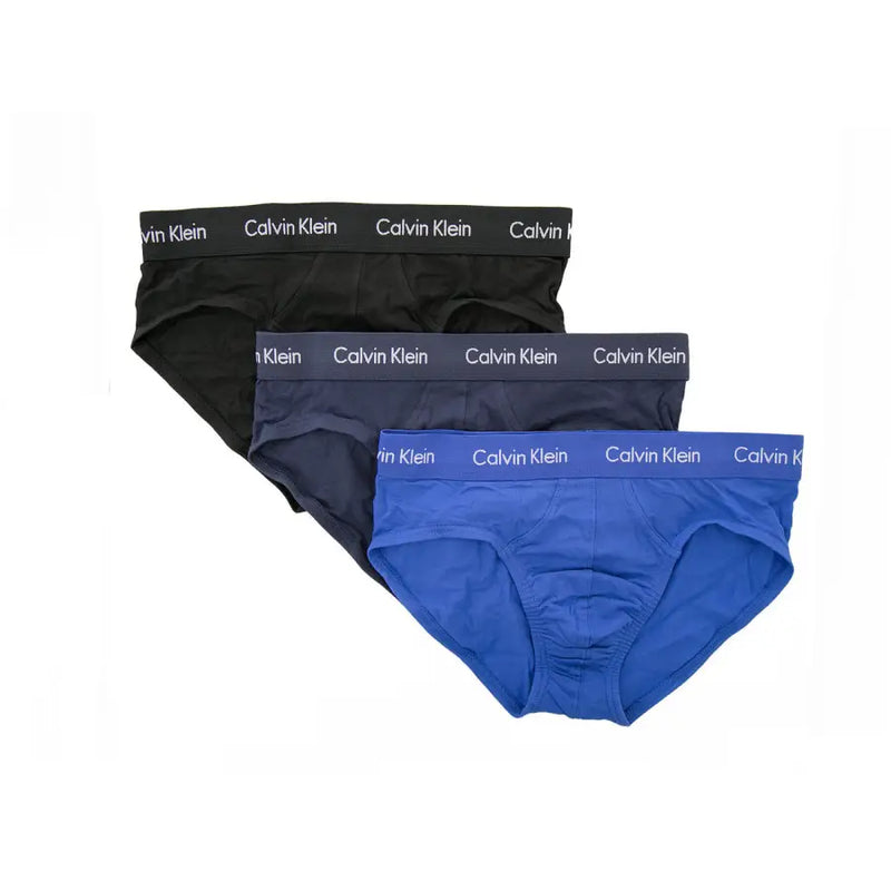 Set of three Calvin Klein boys briefs in black navy and royal blue with cotton elastane blend and logo waistband