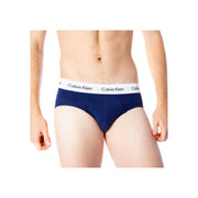 Navy blue Calvin Klein boys briefs with white elastic waistband featuring repeating logo ideal for everyday wear