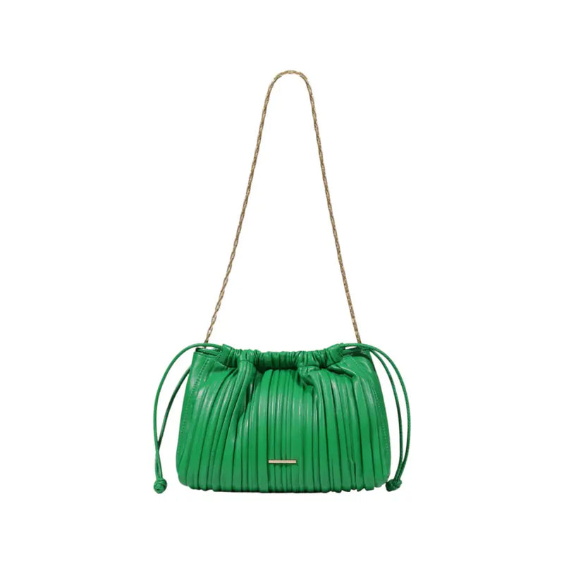 Calvin Klein green pleated leather crossbody bag with gold-tone chain strap and drawstring closure for women