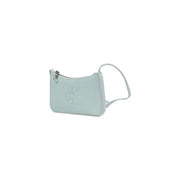 Light blue calvin klein crossbody pouch with subtle embossed logo and matching strap complementing green polyurethane shoulder bag