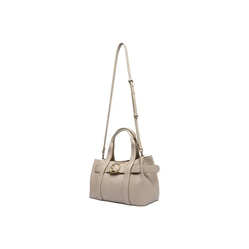 Beige leather satchel with gold-tone buckle and adjustable shoulder strap alongside calvin klein grey polyurethane handbag with inside pocket