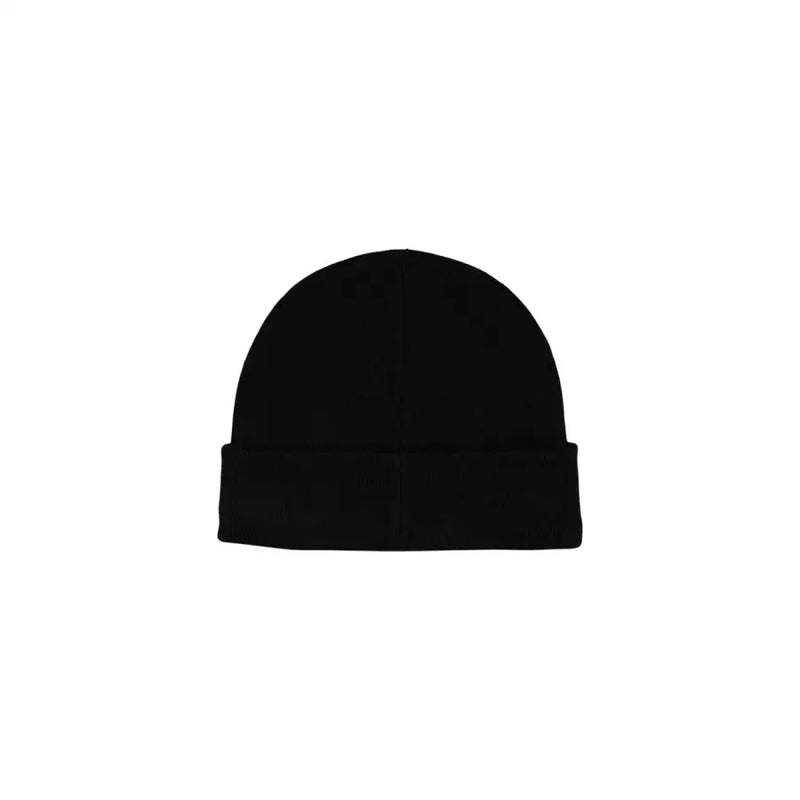 Black beanie hat with fold-over cuff and ribbed texture, likely made of wool or acrylic.