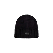 Black calvin klein ribbed beanie with logo label.